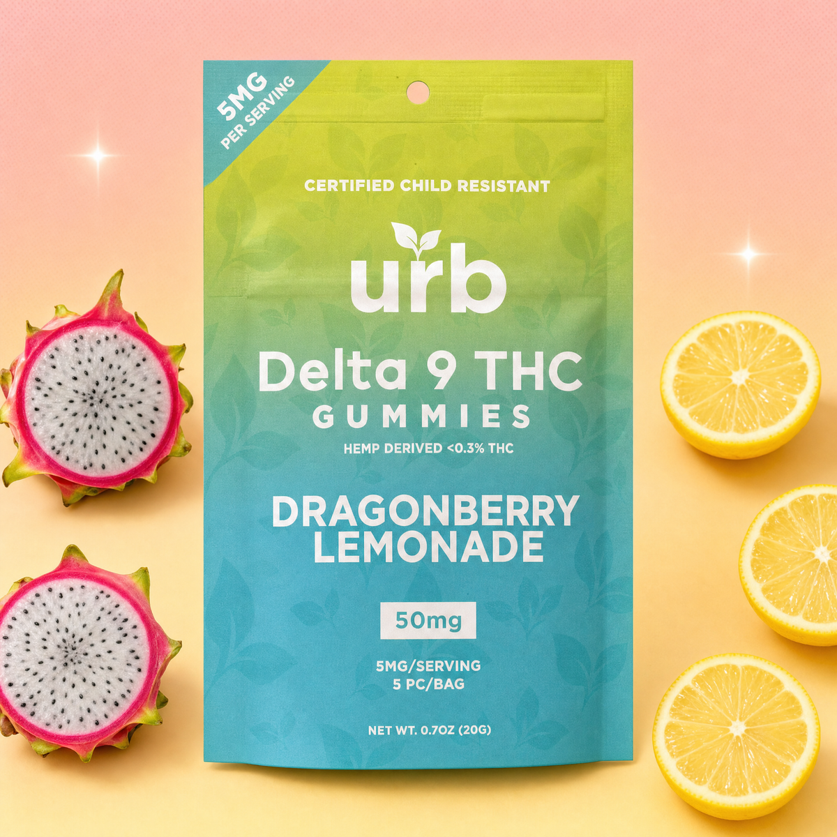 urb Dragonberry Lemonade Delta 9 THC gummies, 5-count bag