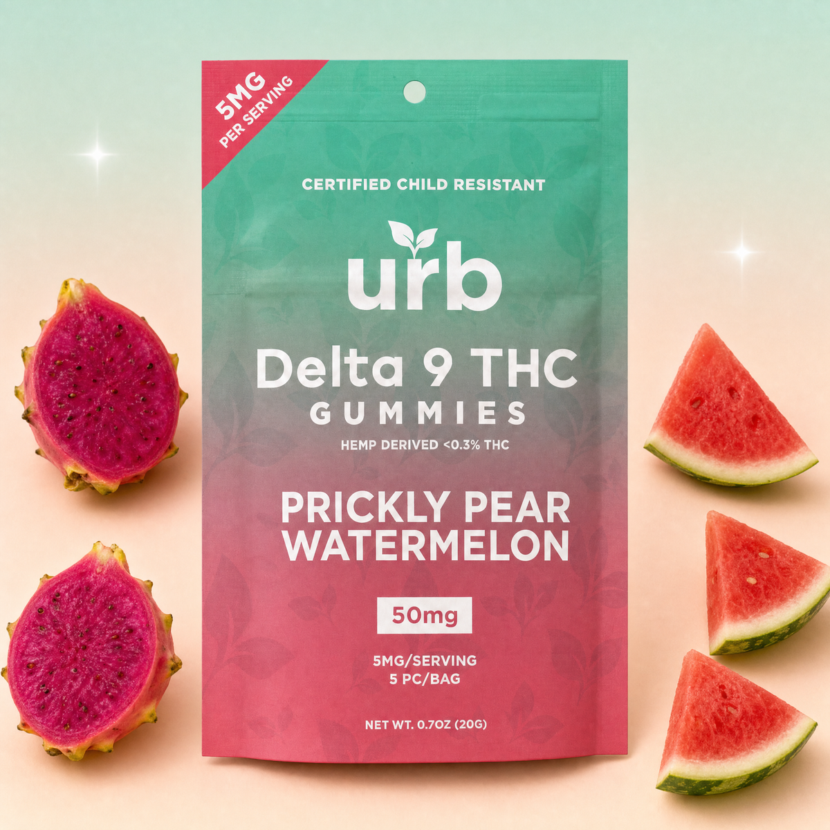 urb Prickly Pear Watermelon Delta 9 THC gummies, 5-count bag