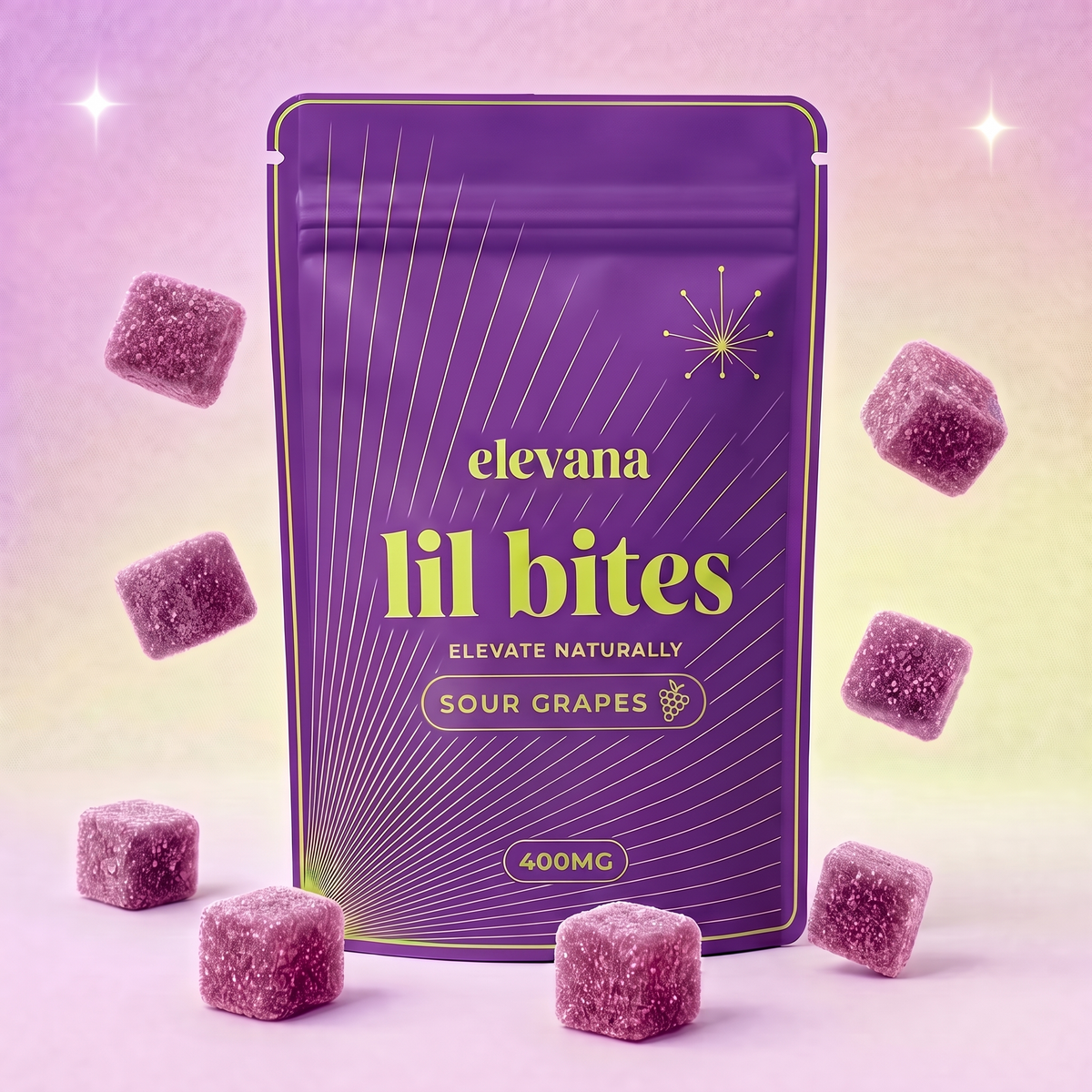 lil bites Sour Grapes gummies pouch, 400 mg, with purple sugar-dusted gummy cubes
