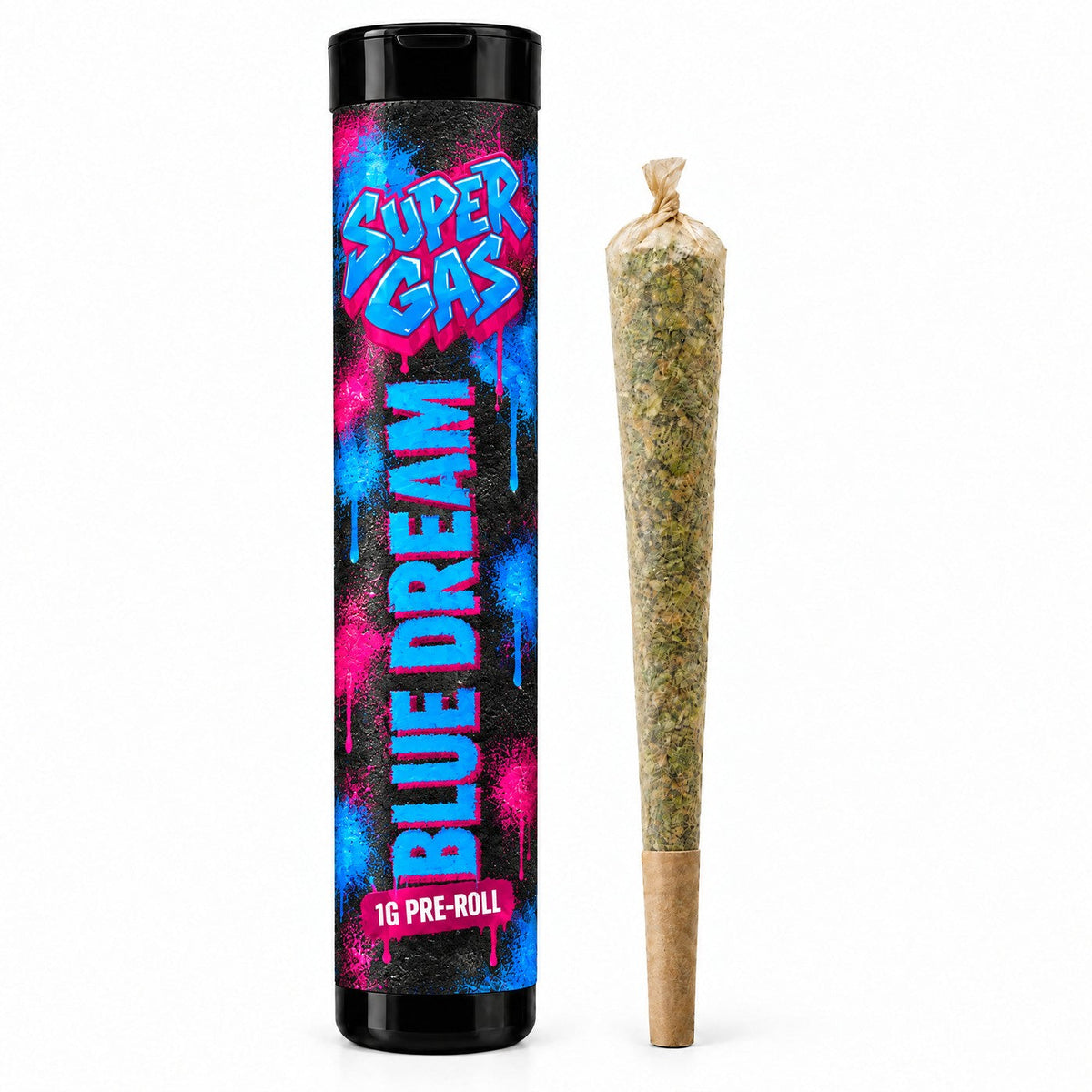 Super Gas Blue Dream pre-roll in its black pop-top tube