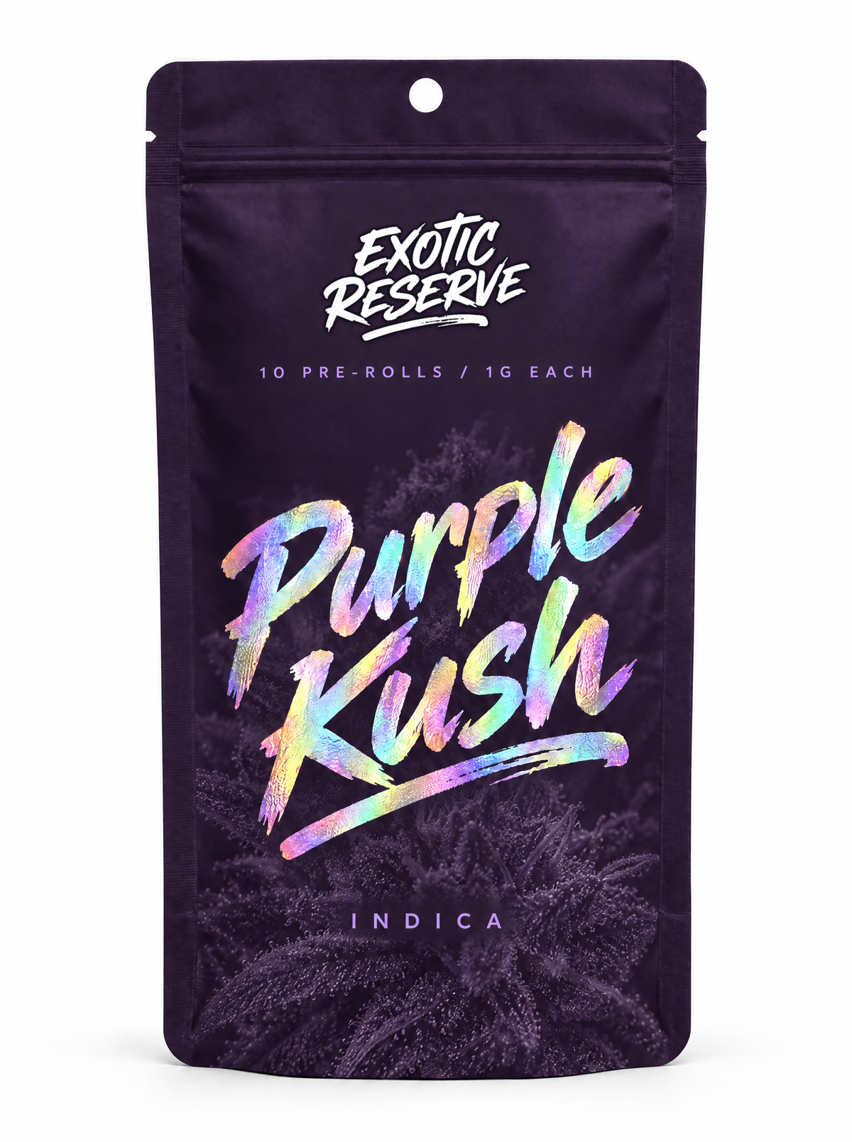 Purple Kush Pre-Roll 10-Pack in its Exotic Reserve mylar bag