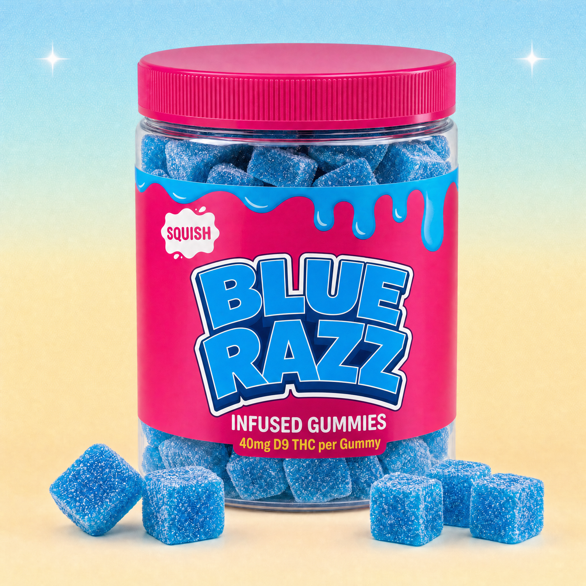 SQUISH Blue Razz gummies, jar