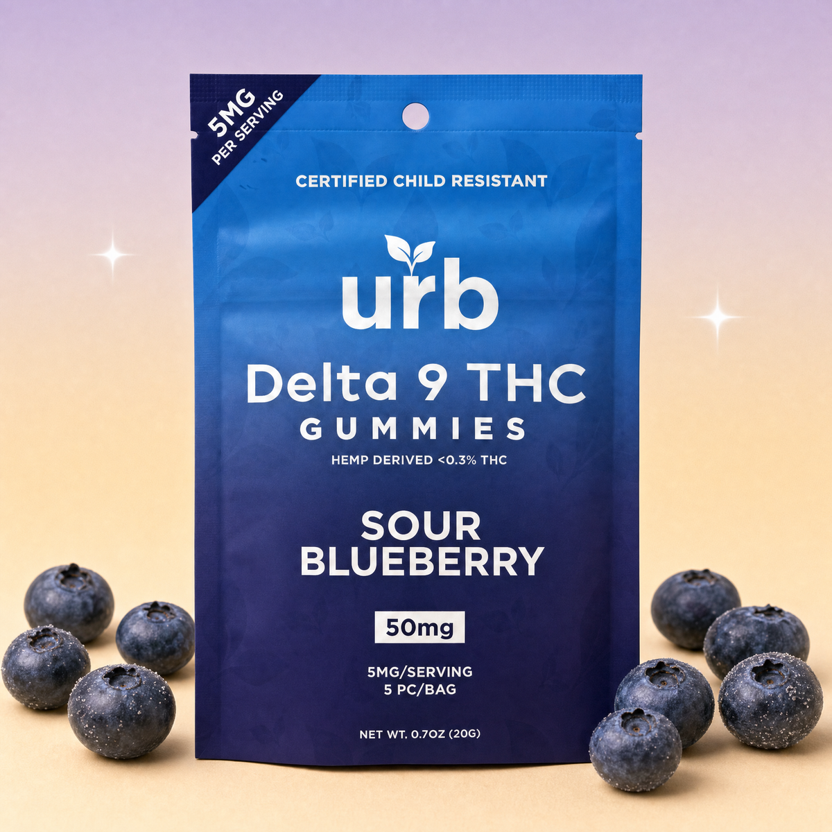 urb Sour Blueberry Delta 9 THC gummies, 5-count bag