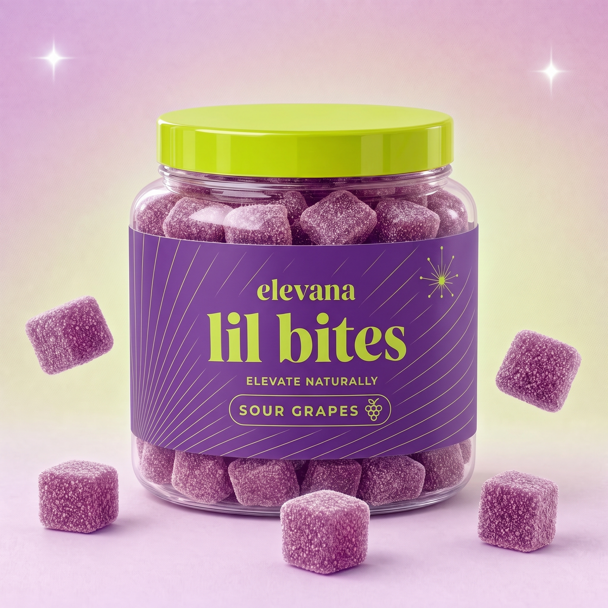 lil bites Sour Grapes gummies jar with purple sugar-dusted gummy cubes