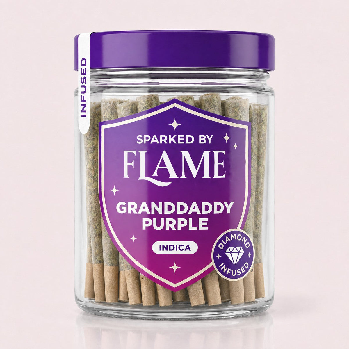 Granddaddy Purple Infused Pre-Rolls in their Sparked by Flame jar