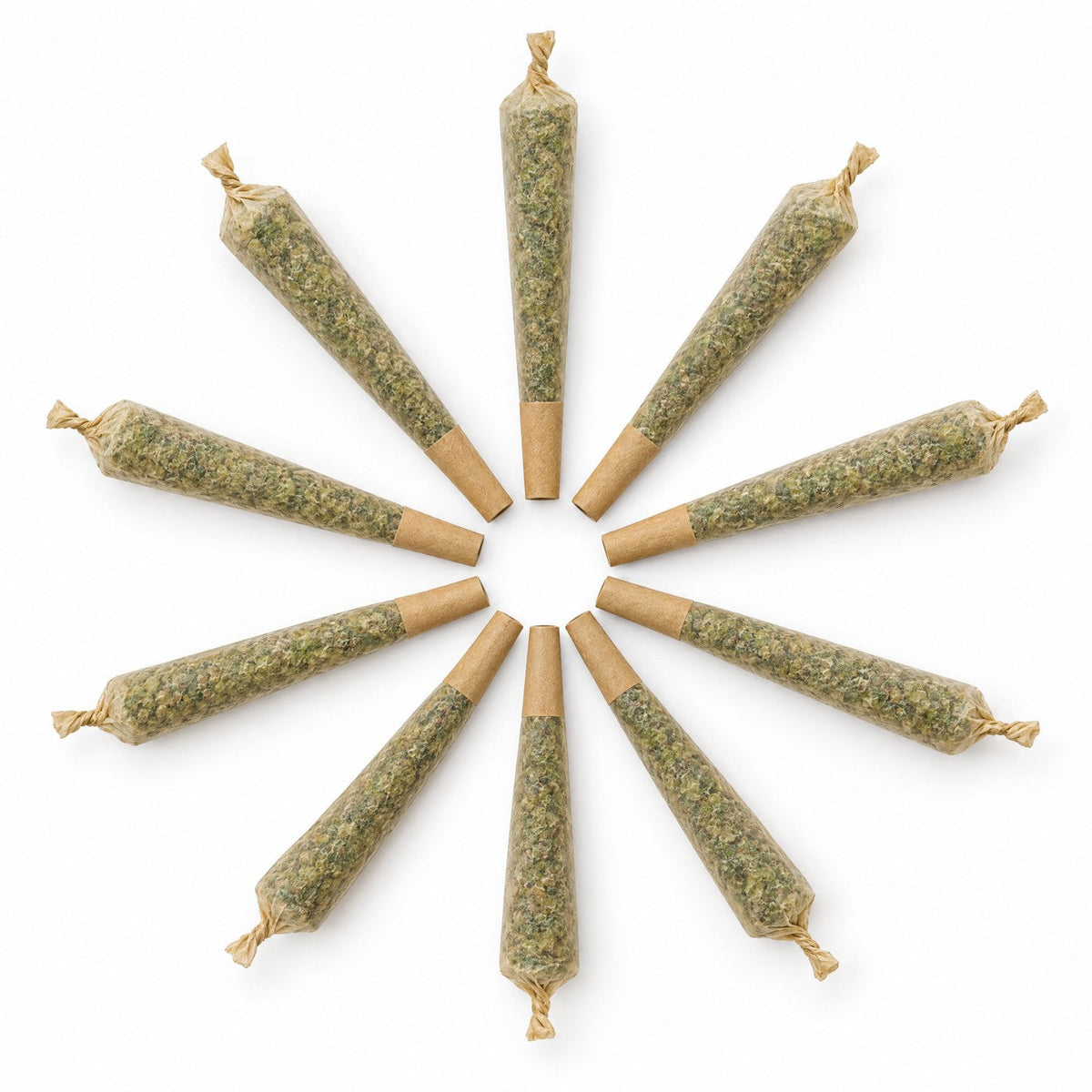 Ten Granddaddy Purple infused pre-rolls laid in a circle