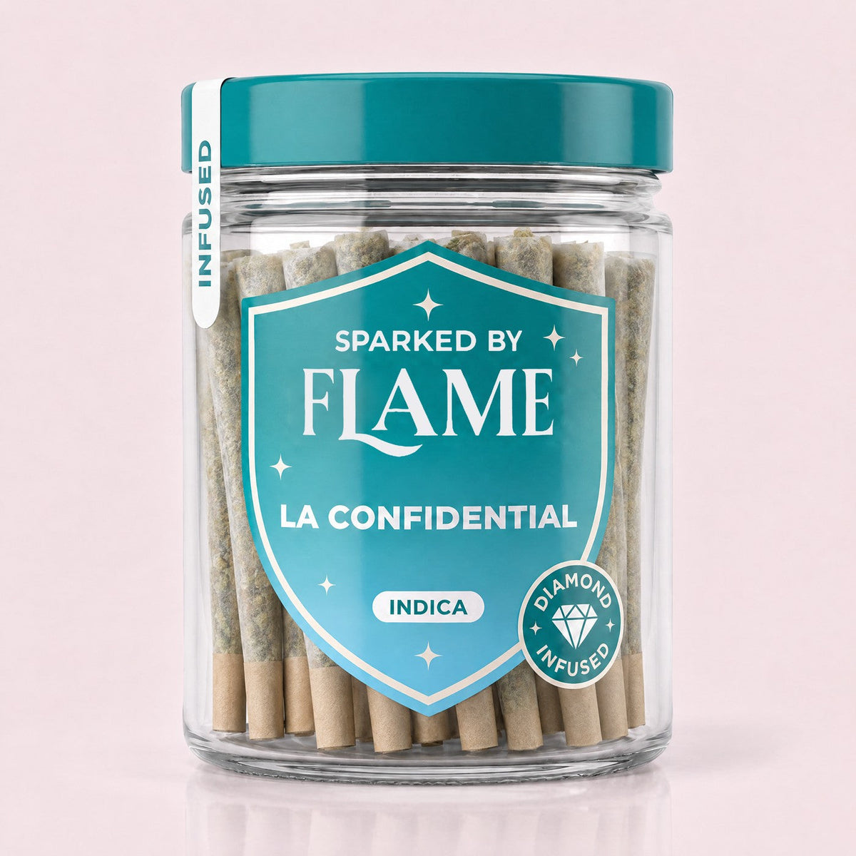 LA Confidential Infused Pre-Rolls in their Sparked by Flame jar