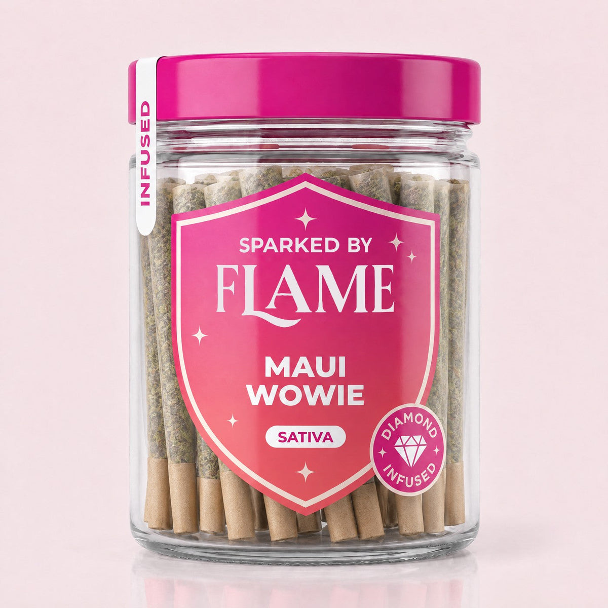 Maui Wowie Infused Pre-Rolls in their Sparked by Flame jar