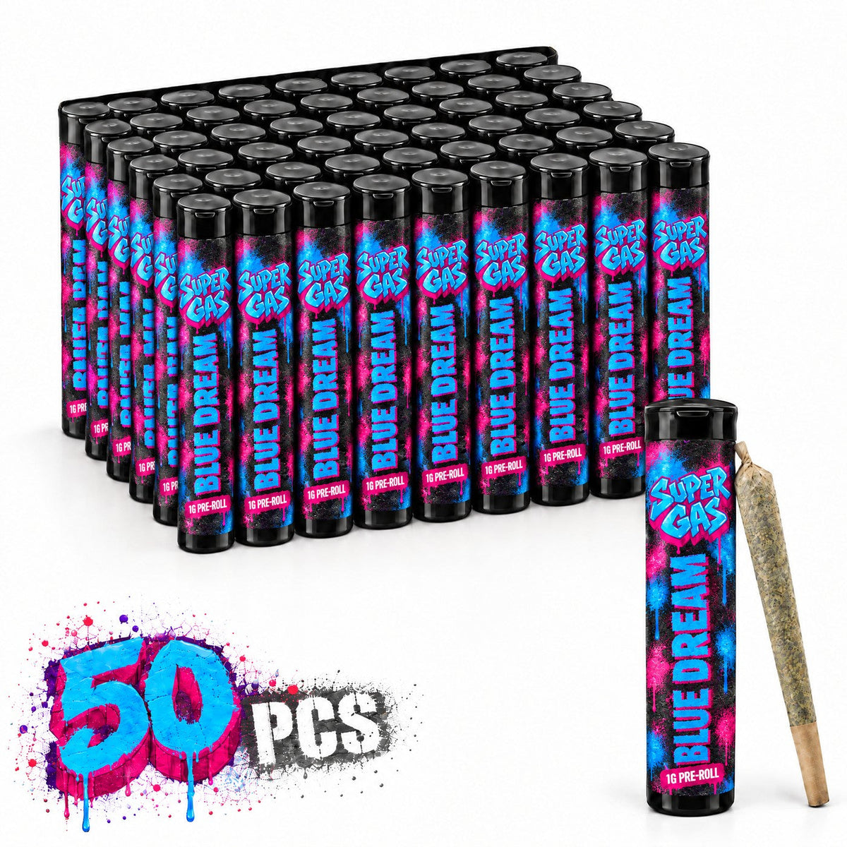 Fifty Super Gas Blue Dream pre-rolls in black tubes