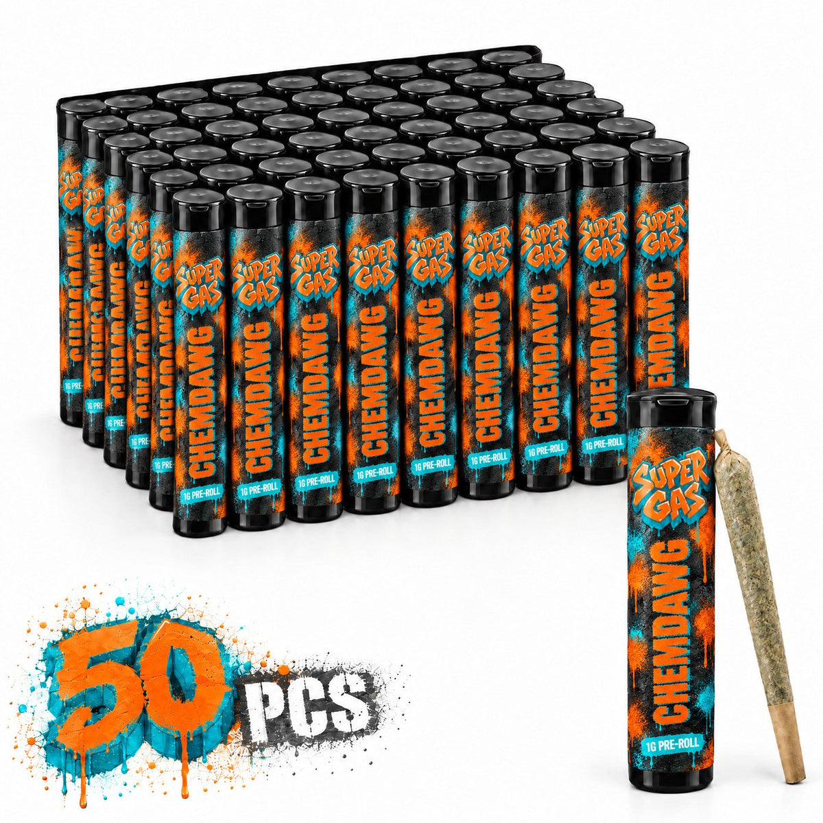Fifty Super Gas Chemdawg pre-rolls in black tubes