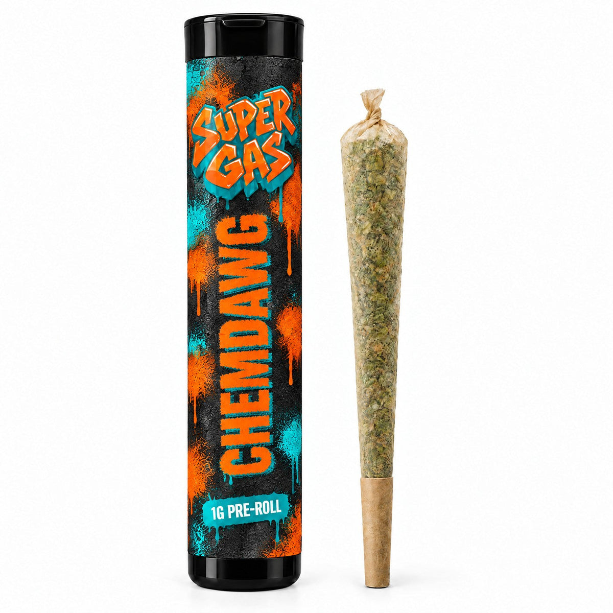 Super Gas Chemdawg pre-roll in its black pop-top tube