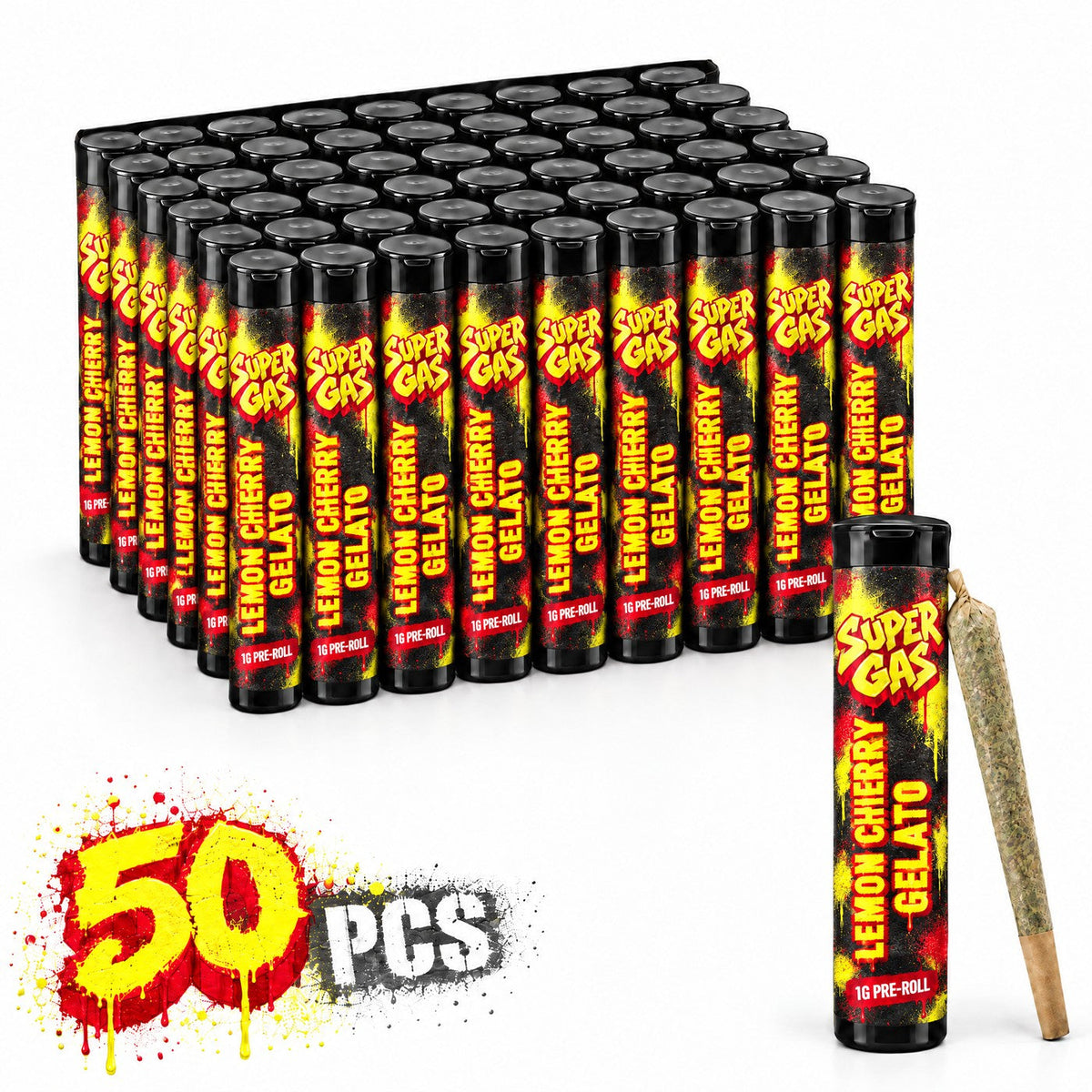 Fifty Super Gas Lemon Cherry Gelato pre-rolls in black tubes