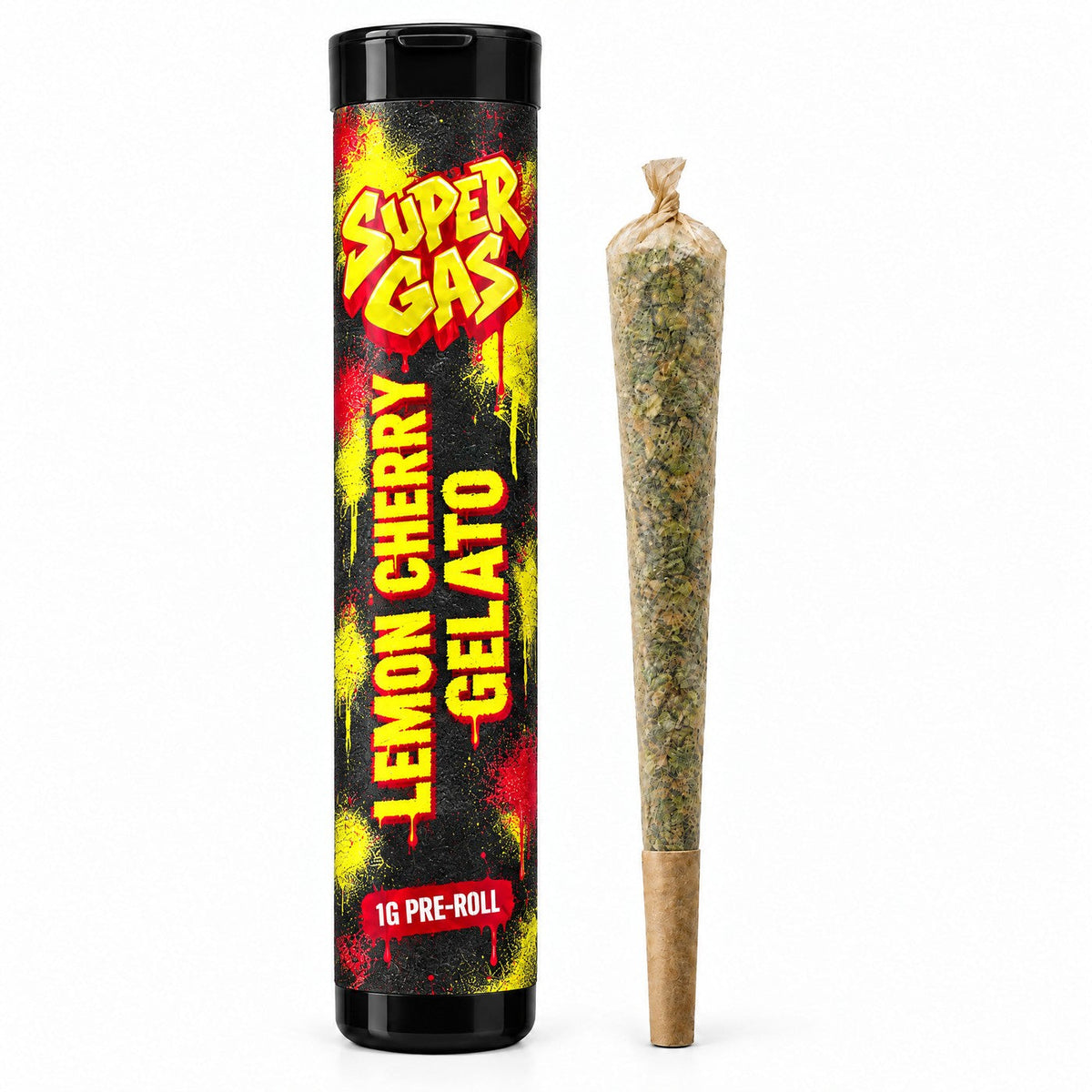 Super Gas Lemon Cherry Gelato pre-roll in its black pop-top tube