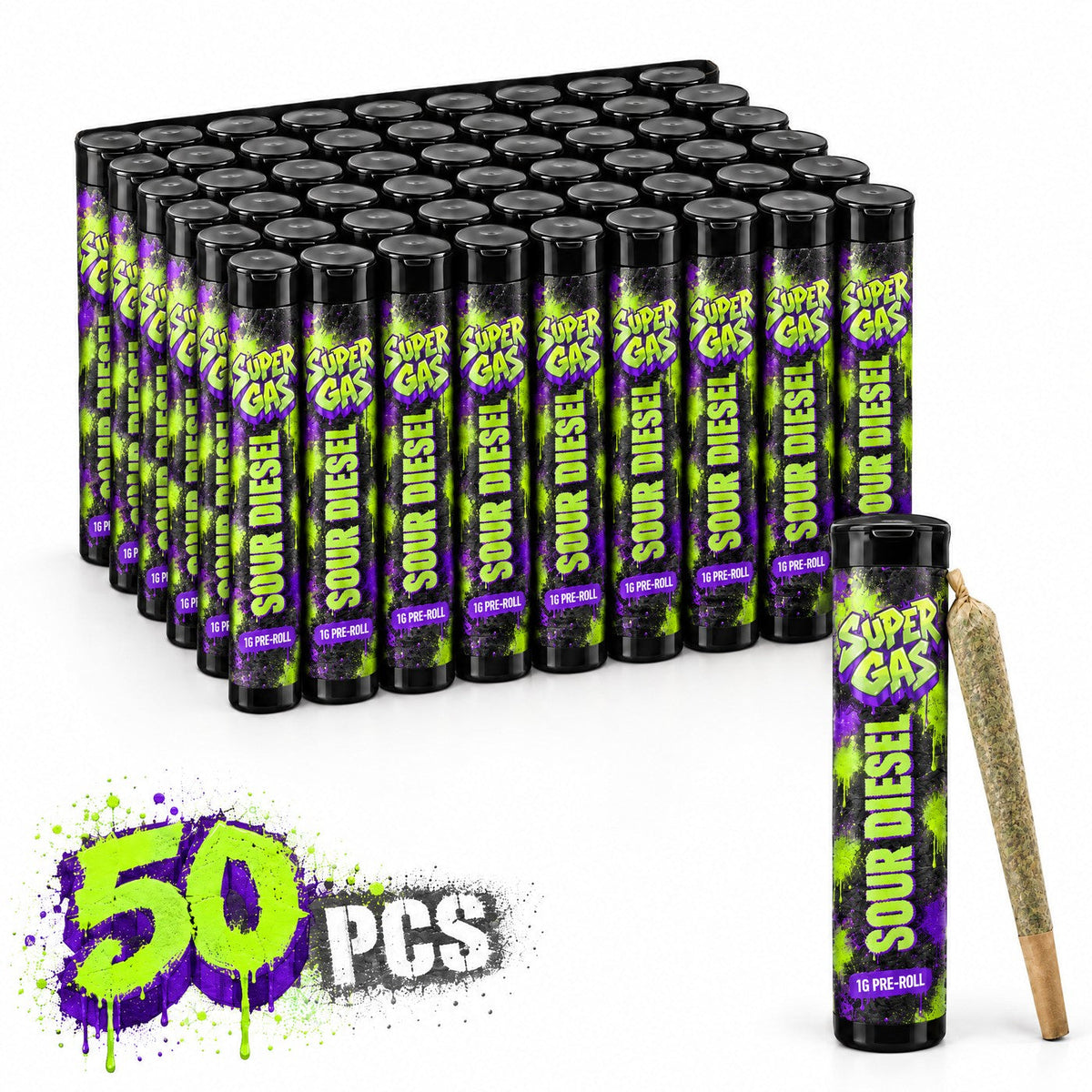 Fifty Super Gas Sour Diesel pre-rolls in black tubes