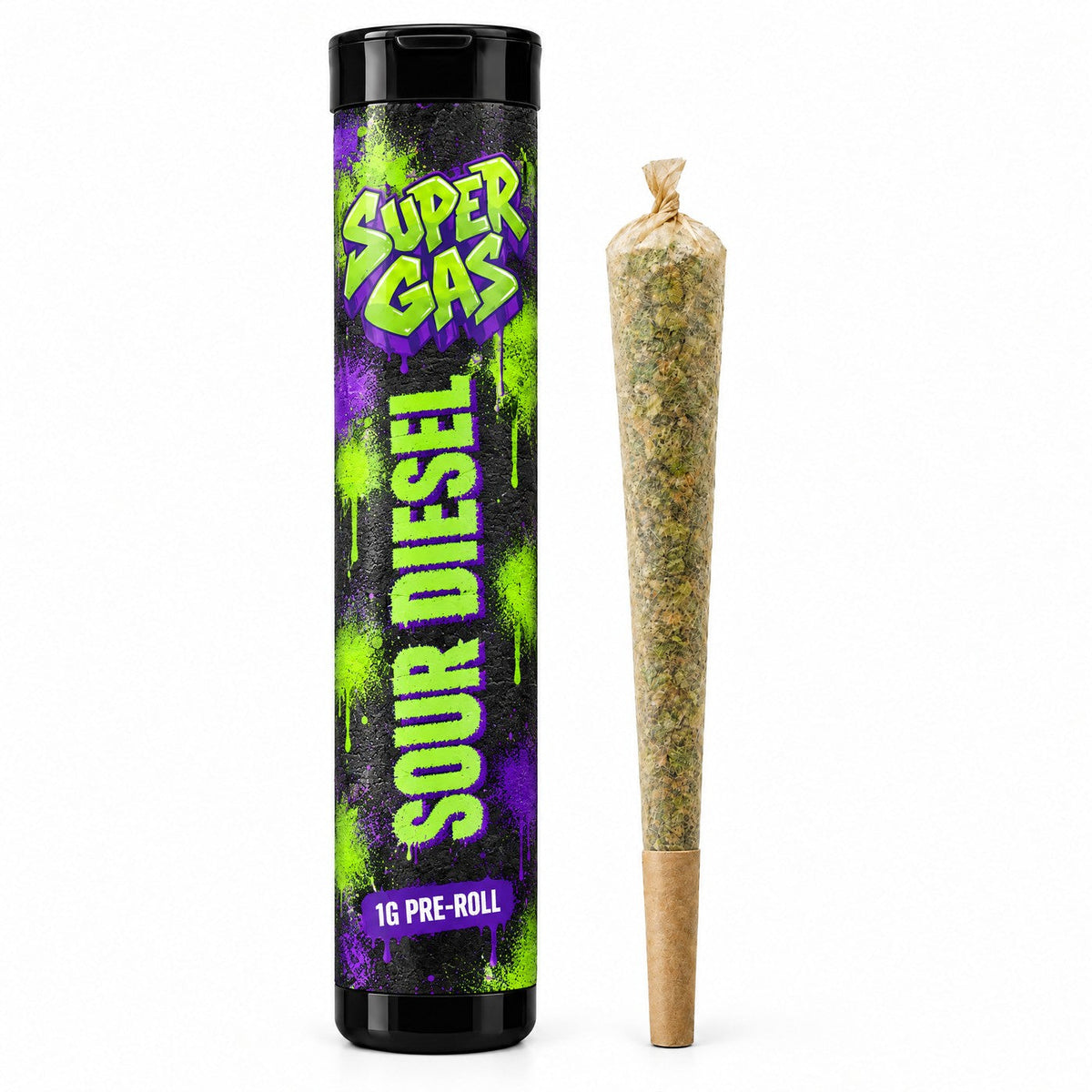 Super Gas Sour Diesel pre-roll in its black pop-top tube